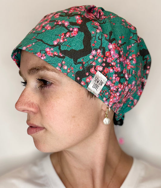 Toggle Back- Cherry Blossoms: Euro-Style Scrub Cap