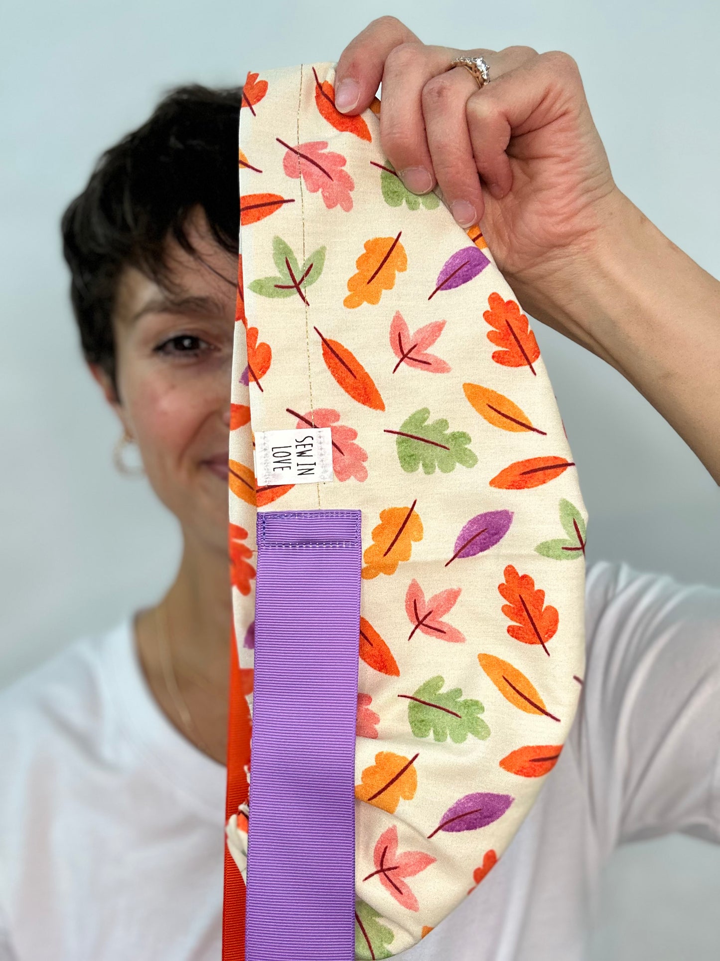 Ribbon Back- Happy Leaves: Euro-Style Scrub Cap