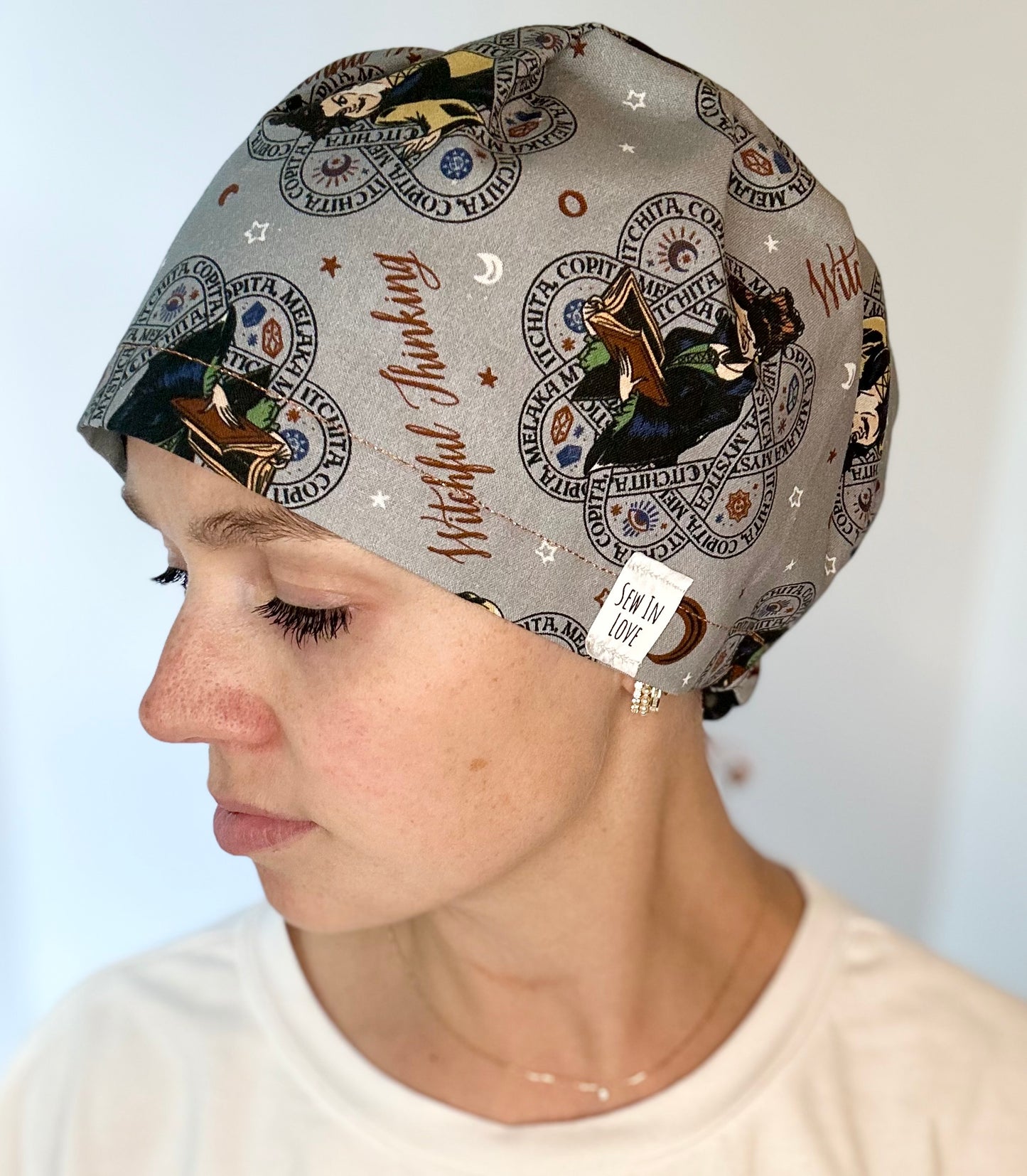 *Toggle Back* SATIN LINED- Grey Hocus Pocus: Euro-Style Scrub Cap