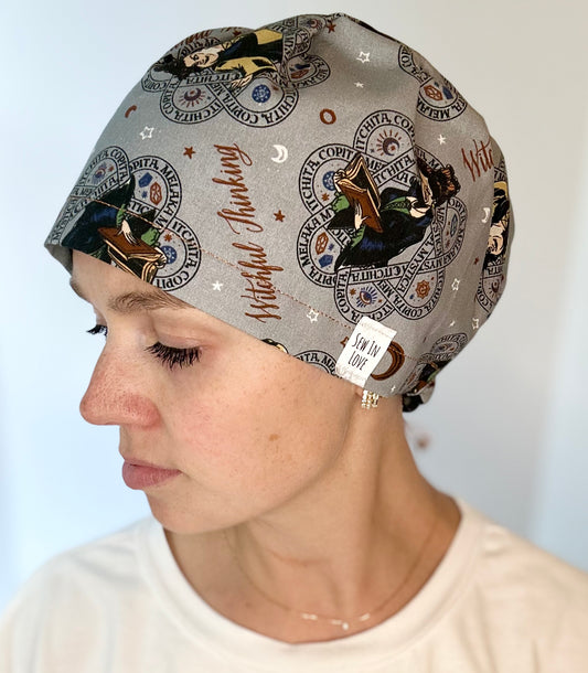 *Toggle Back* SATIN LINED- Grey Hocus Pocus: Euro-Style Scrub Cap
