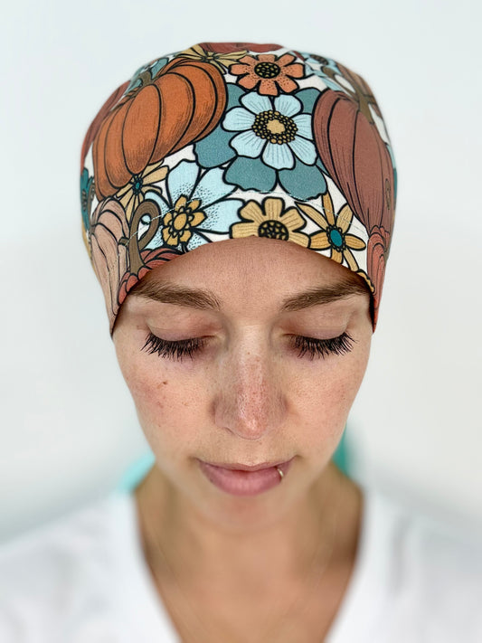 Ribbon Back- Pumpkins in Blue: Euro-Style Scrub Cap