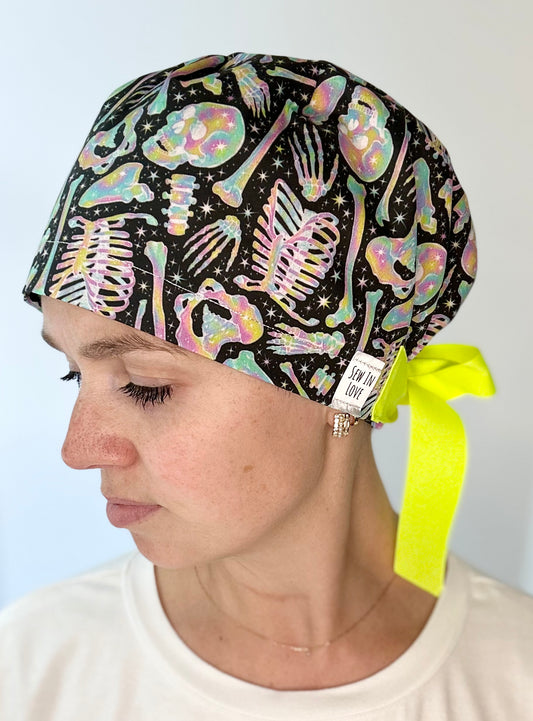 Ribbon Back- Neon Bones: Euro-Style Scrub Cap