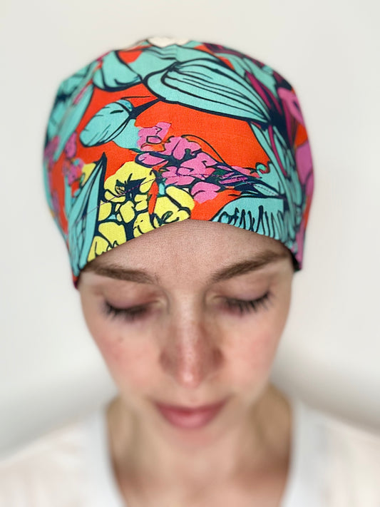 Toggle Back- Spunky Floral: Euro-Style Scrub Cap