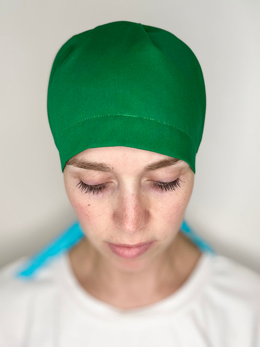 *Sneaky Print* Ribbon Back- Solid Green with Skinny Ruffle Ribbon: Euro-Style Scrub Cap