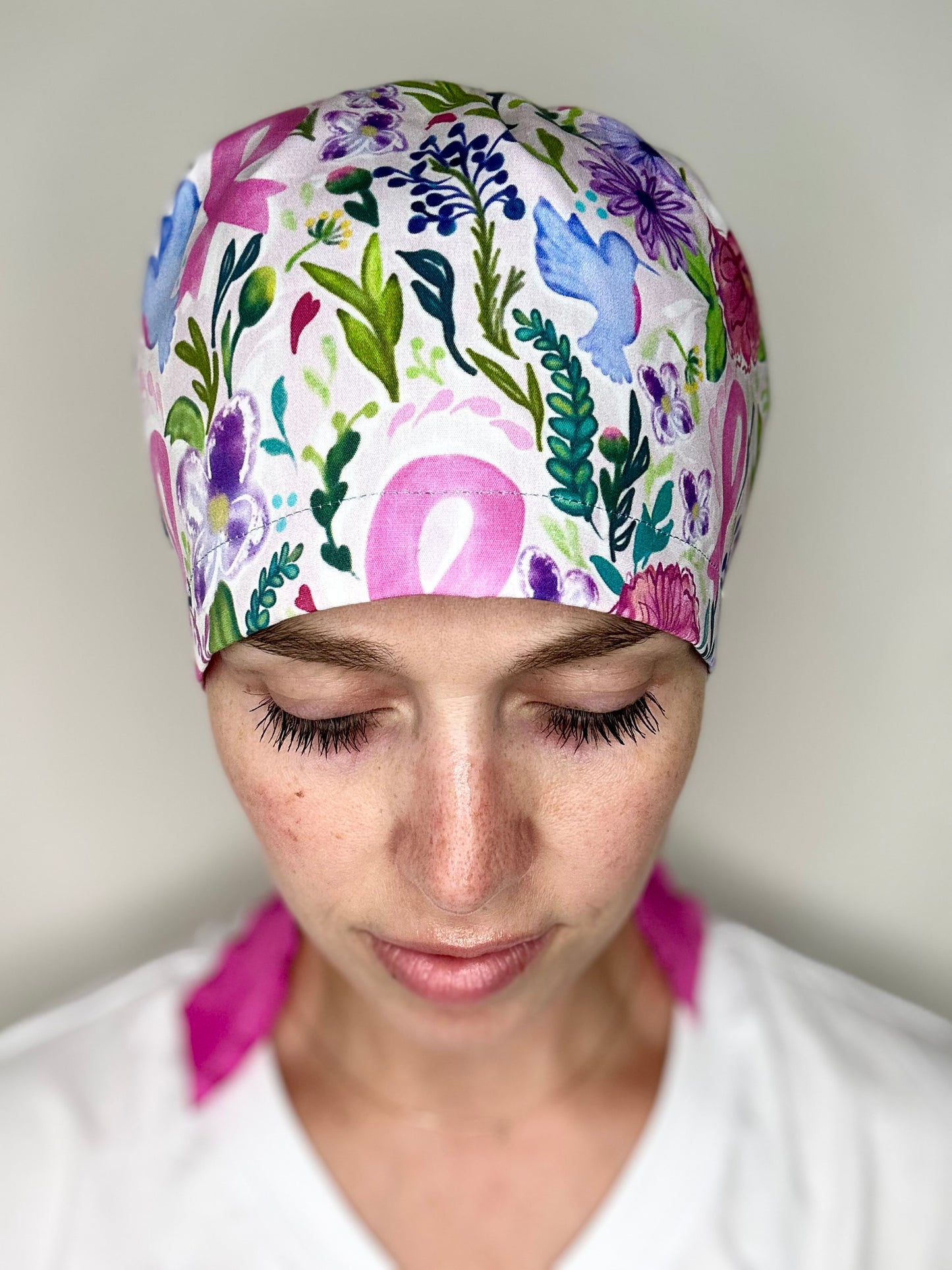 SATIN LINED- Breast Cancer and Birds: Euro-Style Scrub Cap