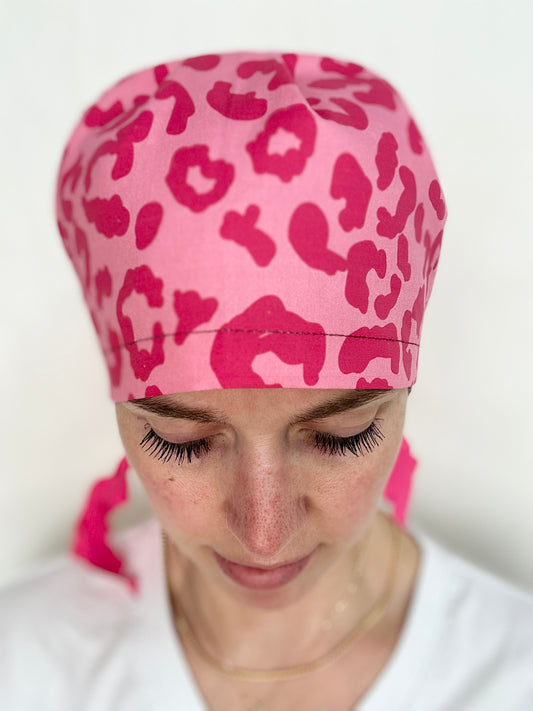 Ribbon Back- Girlie Leopard: Euro-Style Scrub Cap