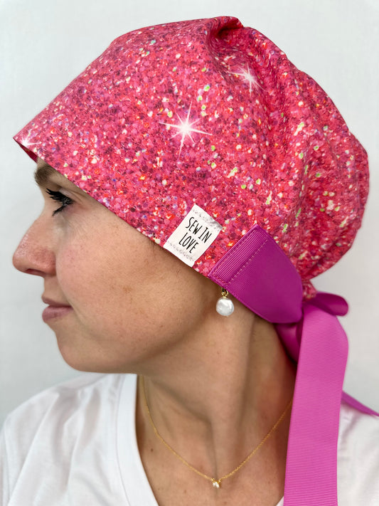 Ribbon Back-Faux Sparkly Fuschia: Euro-Style Scrub Cap