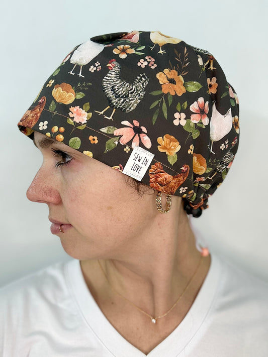 Toggle Back- Floral Chickens: Euro-Style Scrub Cap