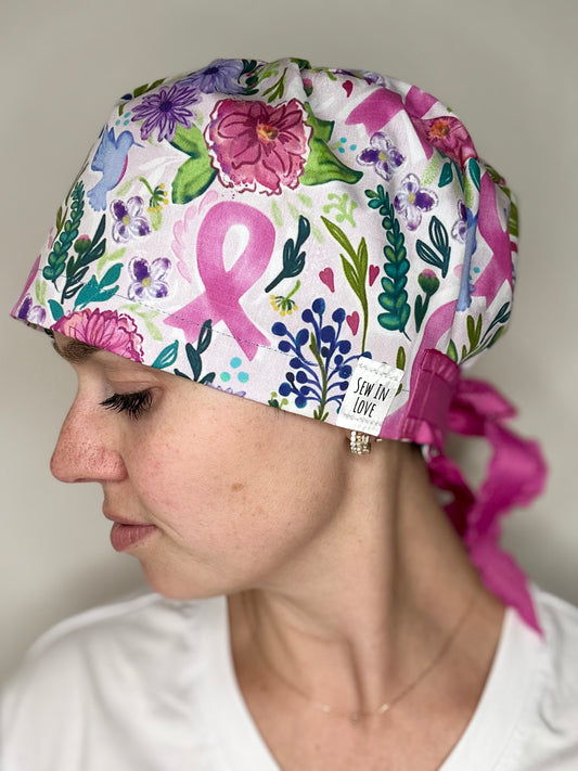 SATIN LINED- Breast Cancer and Birds: Euro-Style Scrub Cap