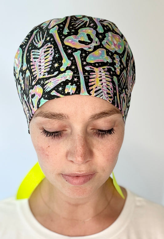 Ribbon Back- Neon Bones: Euro-Style Scrub Cap