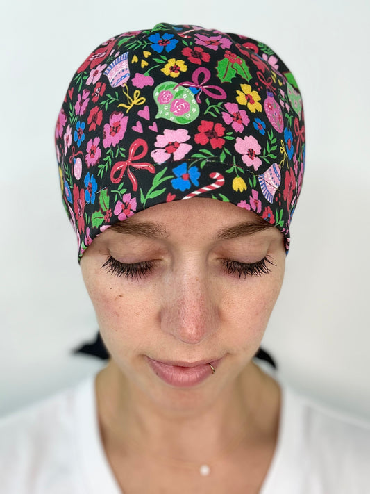 Ribbon Back- Candy Cane Floral: Euro-Style Scrub Cap