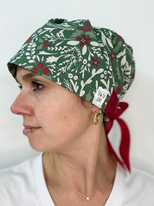 Ribbon Back- Bold Poinsettias: Euro-Style Scrub Cap