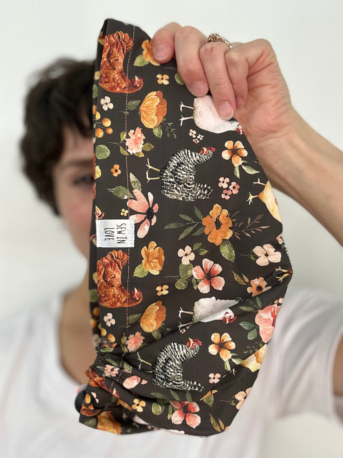 Toggle Back- Floral Chickens: Euro-Style Scrub Cap