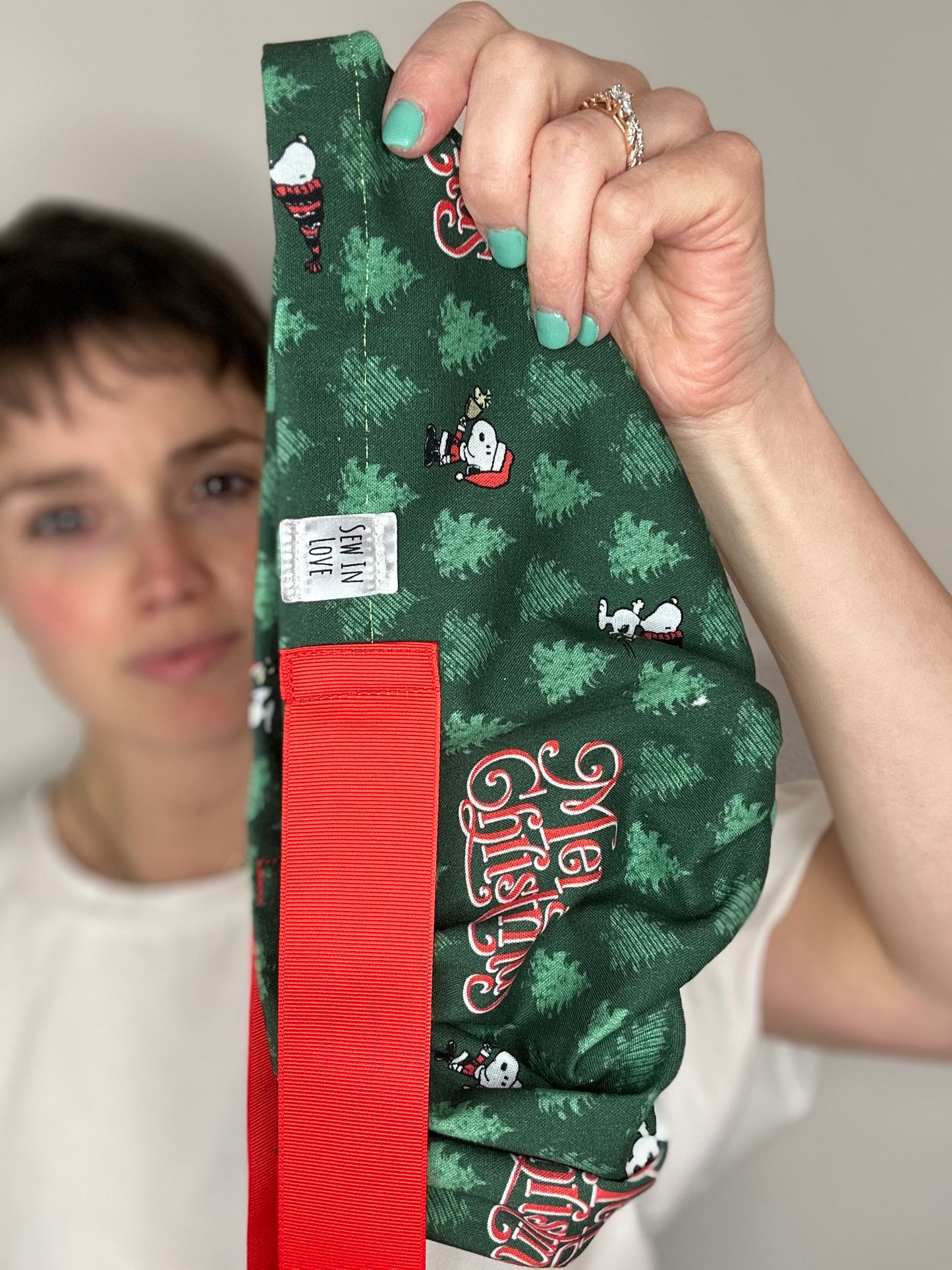 Ribbon Back- Merry Christmas Snoopy: Euro-Style Scrub Cap