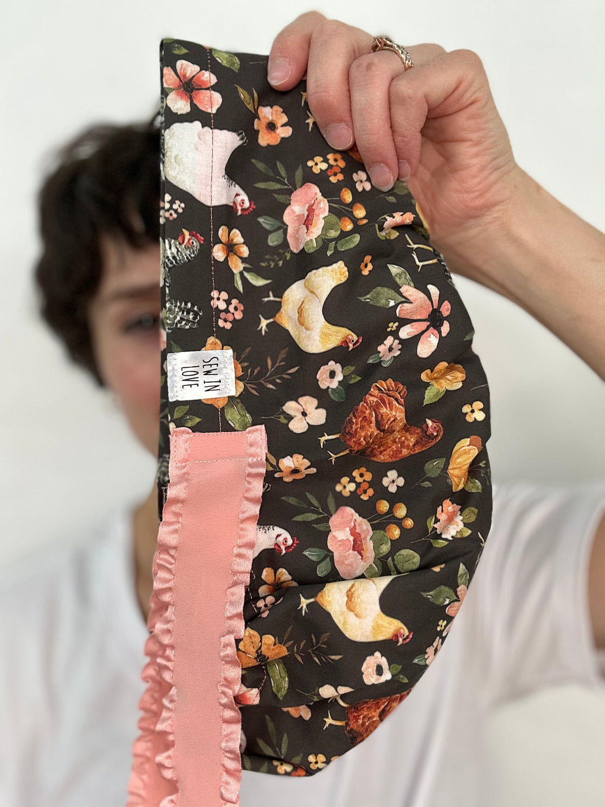 Ribbon Back- Floral Chickens: Euro-Style Scrub Cap