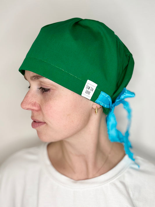 *Sneaky Print* Ribbon Back- Solid Green with Skinny Ruffle Ribbon: Euro-Style Scrub Cap