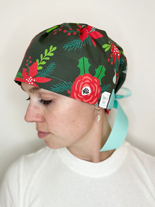 SATIN LINED- Poinsettia Christmas: Euro-Style Scrub Cap
