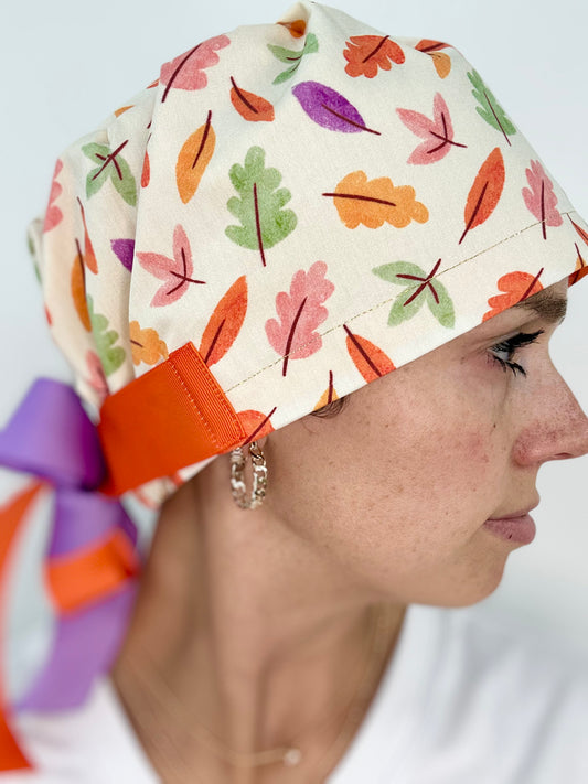 Ribbon Back- Happy Leaves: Euro-Style Scrub Cap