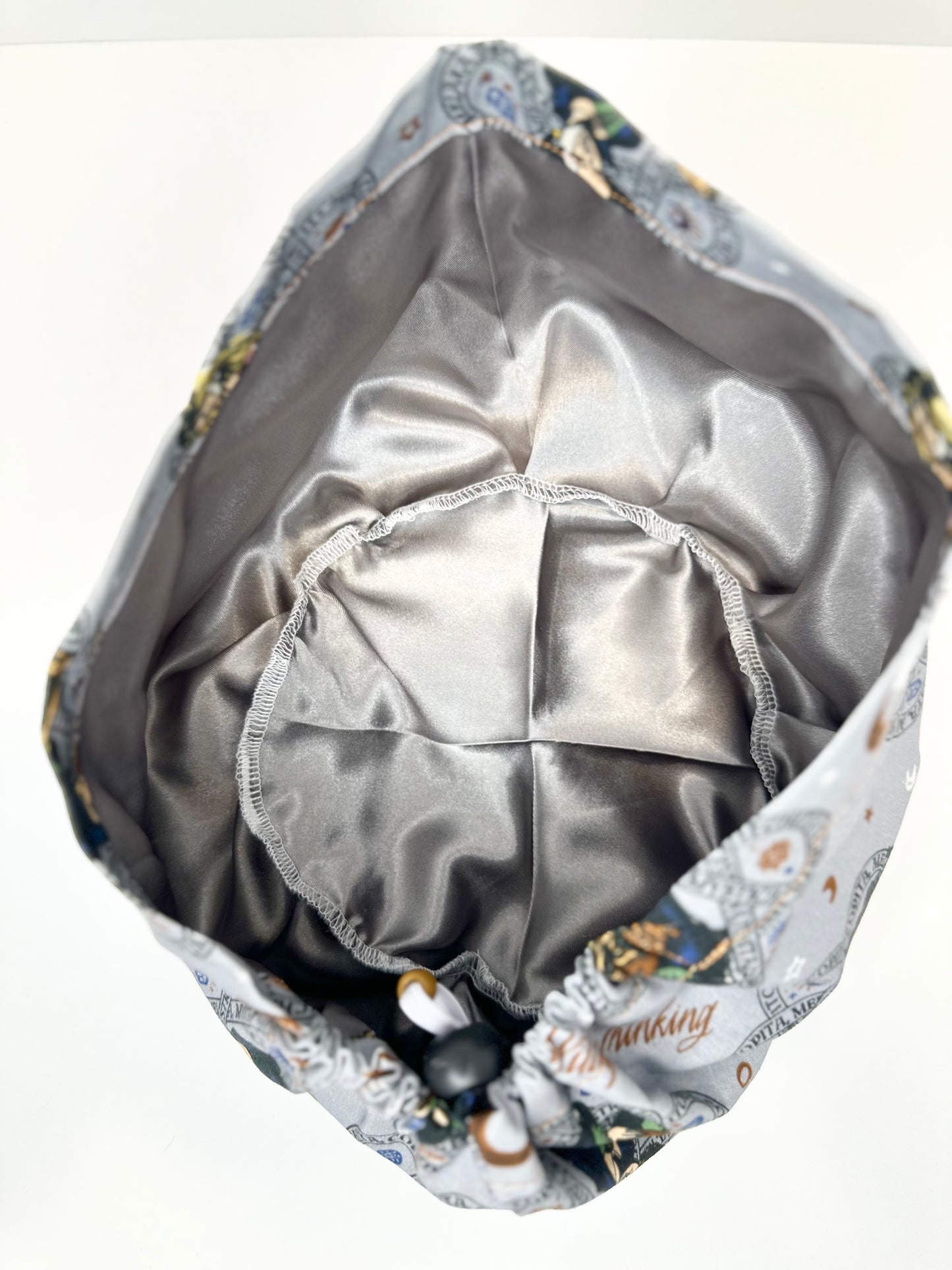 *Toggle Back* SATIN LINED- Grey Hocus Pocus: Euro-Style Scrub Cap