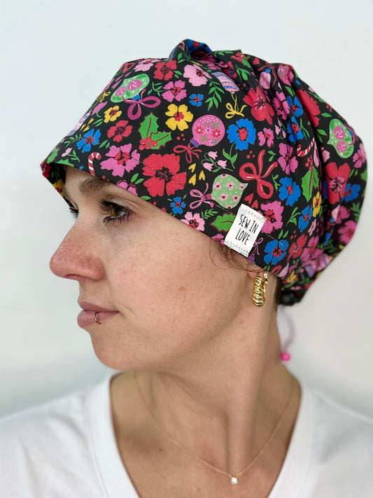 Toggle Back- Candy Cane Floral: Euro-Style Scrub Cap