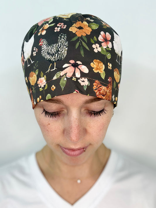 Toggle Back- Floral Chickens: Euro-Style Scrub Cap