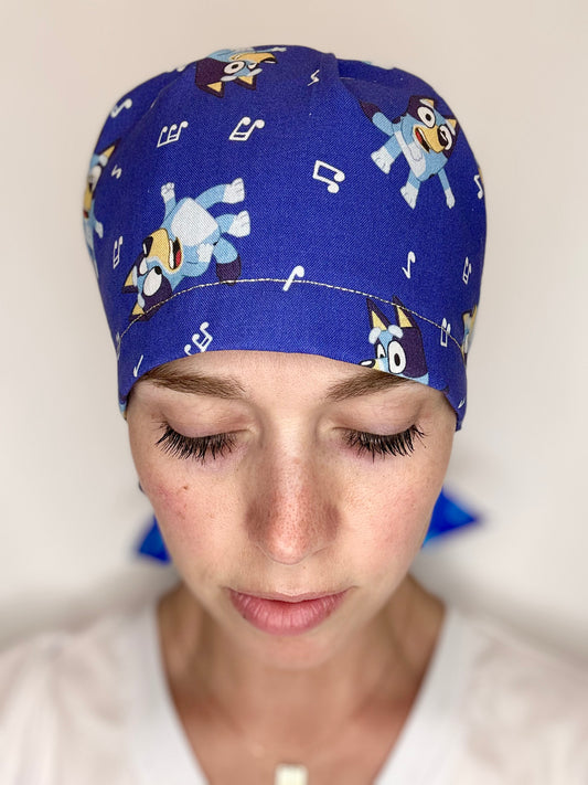Ribbon Back-Musical Bluey (Polka Dot Ribbon): Euro-Style Scrub Cap