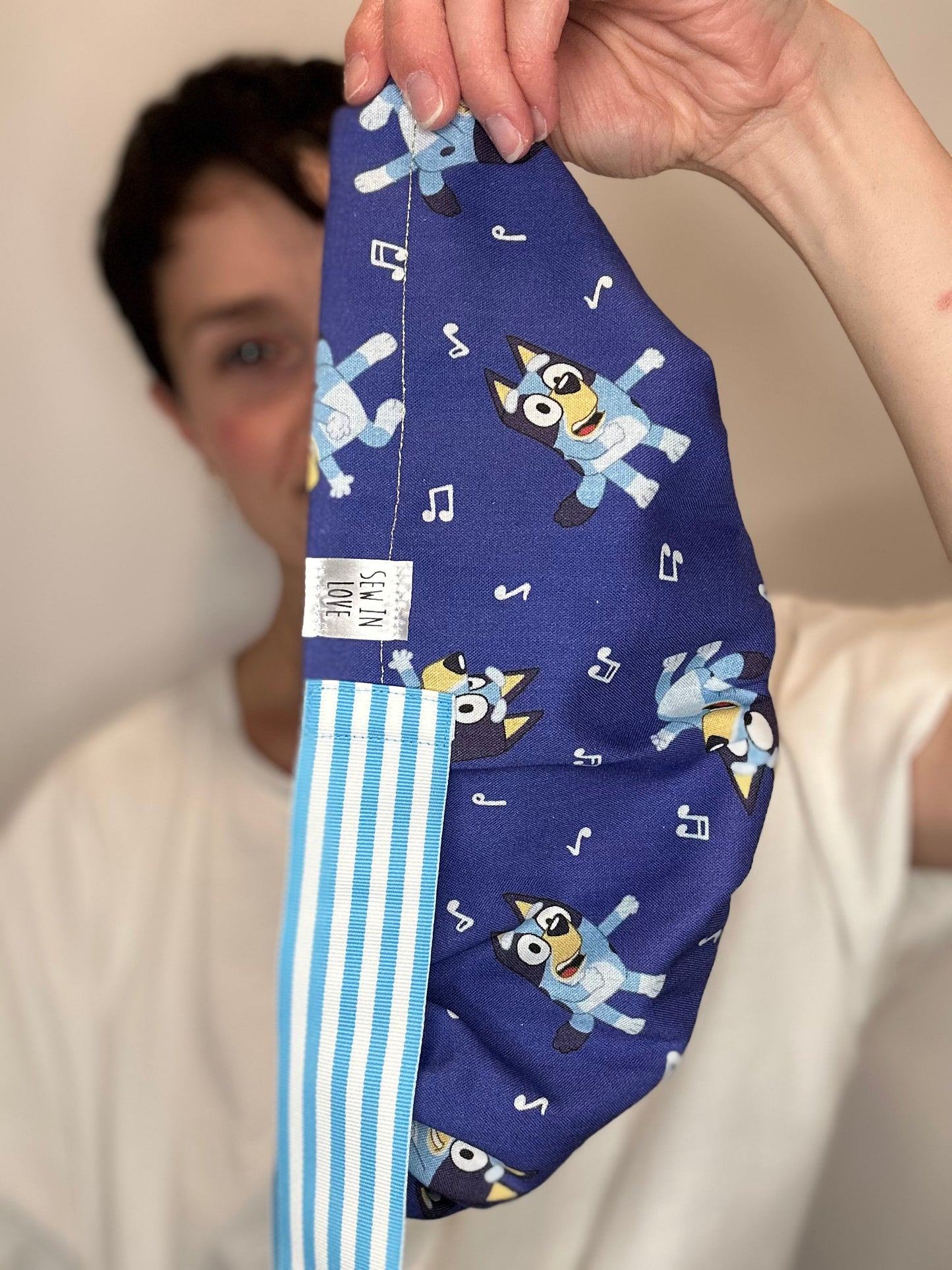 Ribbon Back-Musical Bluey (Striped Ribbon): Euro-Style Scrub Cap