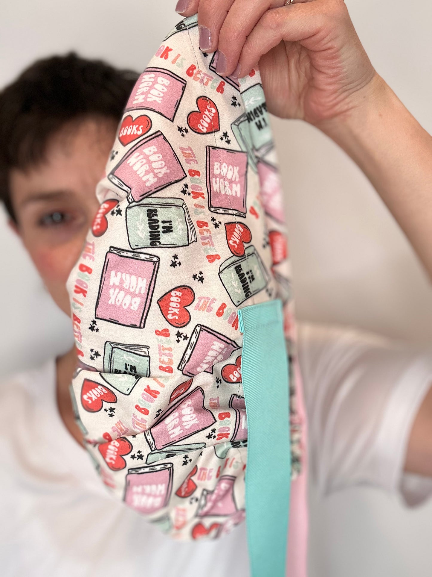 Ribbon Back- Book Worm (Mismatched Ribbons): Euro-Style Scrub Cap