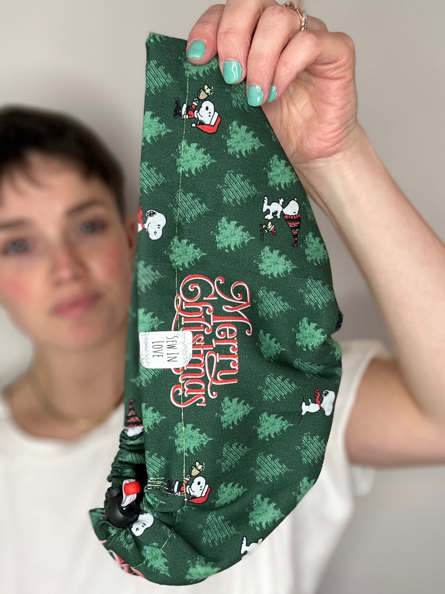 Toggle Back- Merry Christmas Snoopy: Euro-Style Scrub Cap