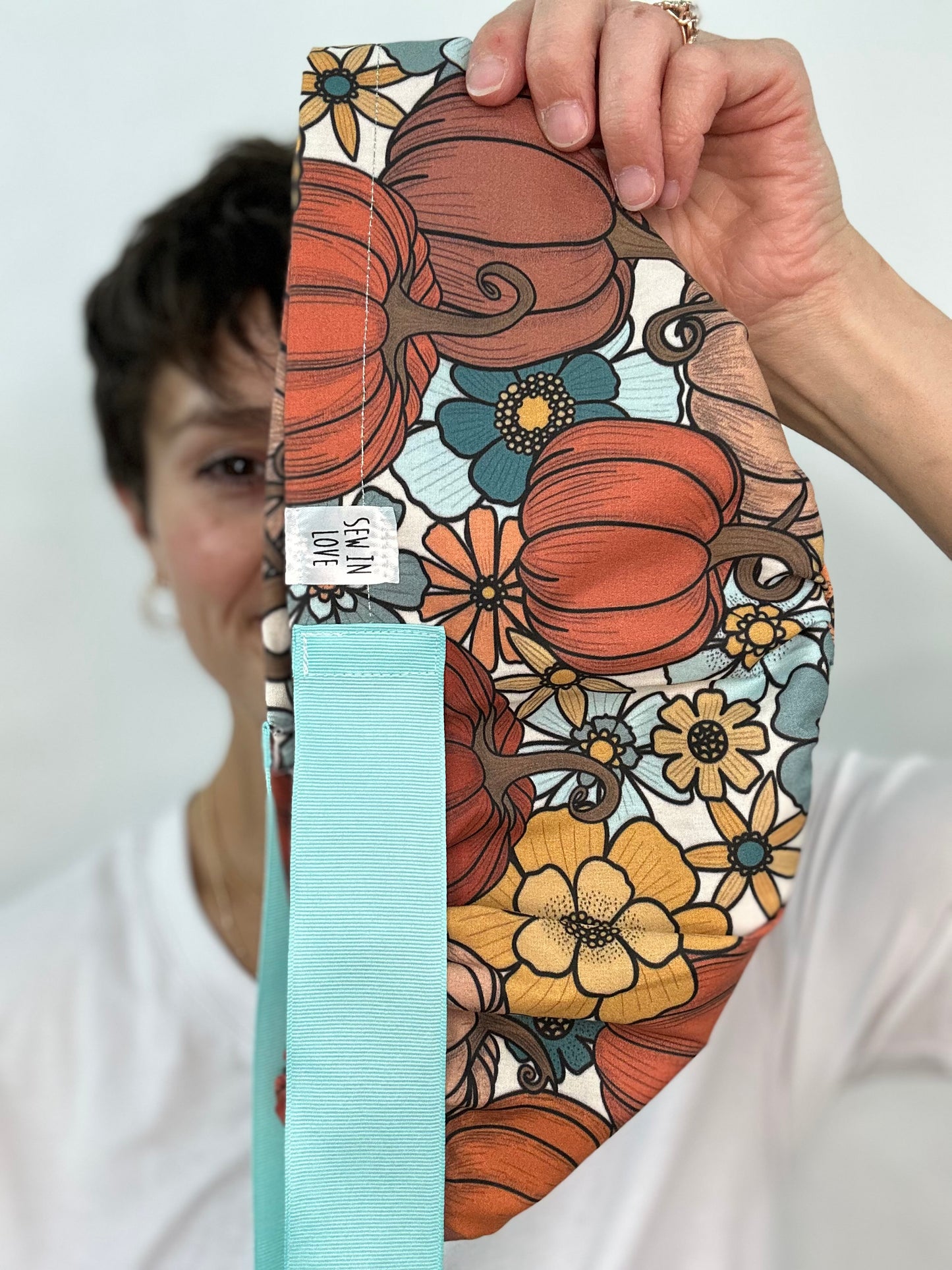 Ribbon Back- Pumpkins in Blue: Euro-Style Scrub Cap