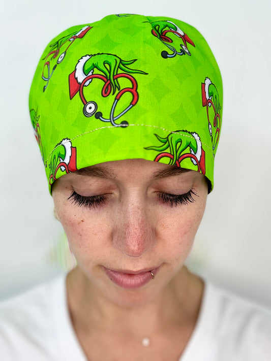 Ribbon Back- Grinch Stethoscopes: Euro-Style Scrub Cap