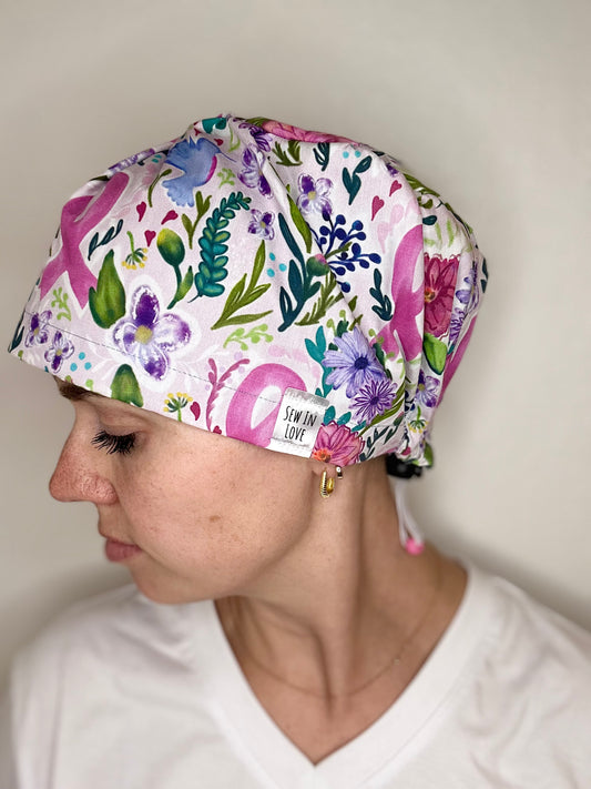 *Toggle Back* SATIN LINED- Breast Cancer and Birds: Euro-Style Scrub Cap