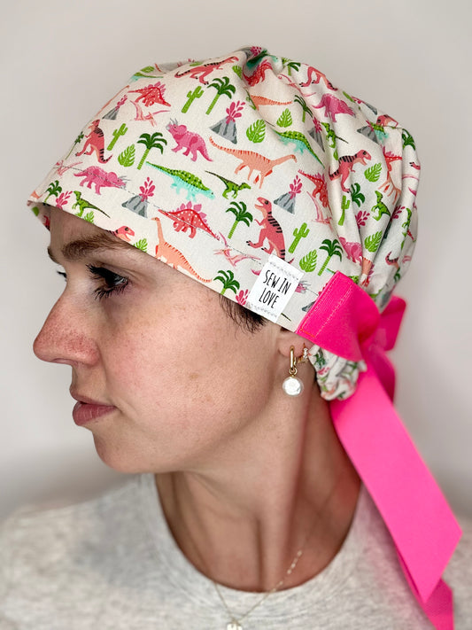 Ribbon Back-Lady Dinos: Euro-Style Scrub Cap