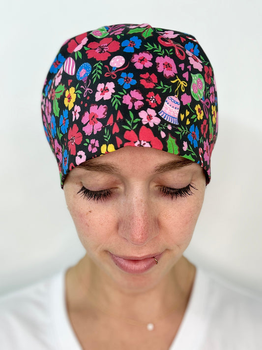 Toggle Back- Candy Cane Floral: Euro-Style Scrub Cap