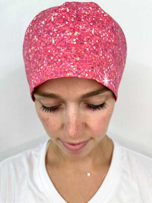 Toggle Back- Faux Sparkly Fuschia: Euro-Style Scrub Cap