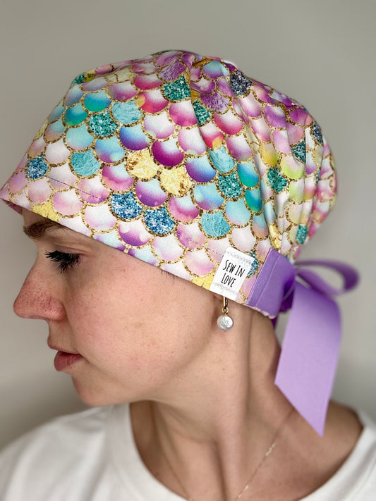 Ribbon Back- Sparkly Mermaid: Euro-Style Scrub Cap