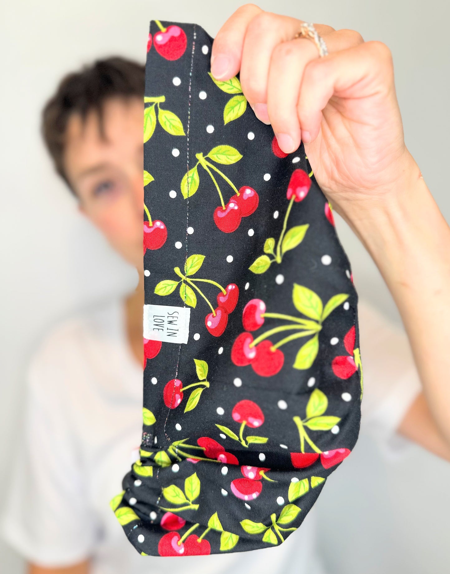 Toggle Back- Bold Cherries: Euro-Style Scrub Cap