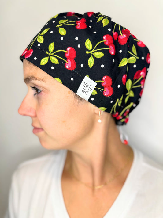 Toggle Back- Bold Cherries (Small Fit): Euro-Style Scrub Cap