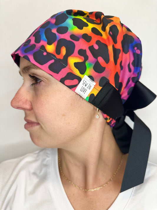 Ribbon Back-Electric Leopard: Euro-Style Scrub Cap