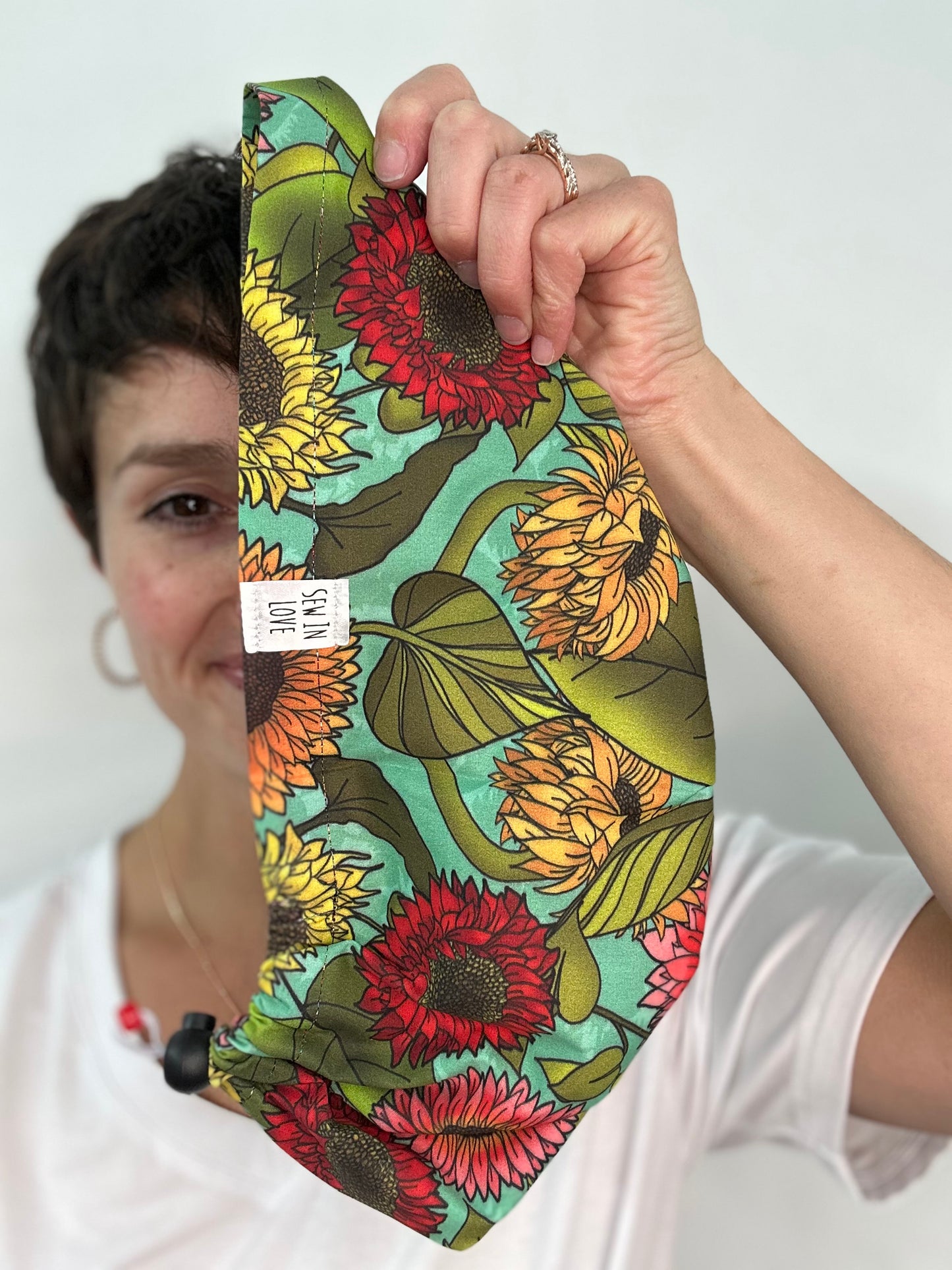 Toggle Back- Delightful Sunflowers: Euro-Style Scrub Cap