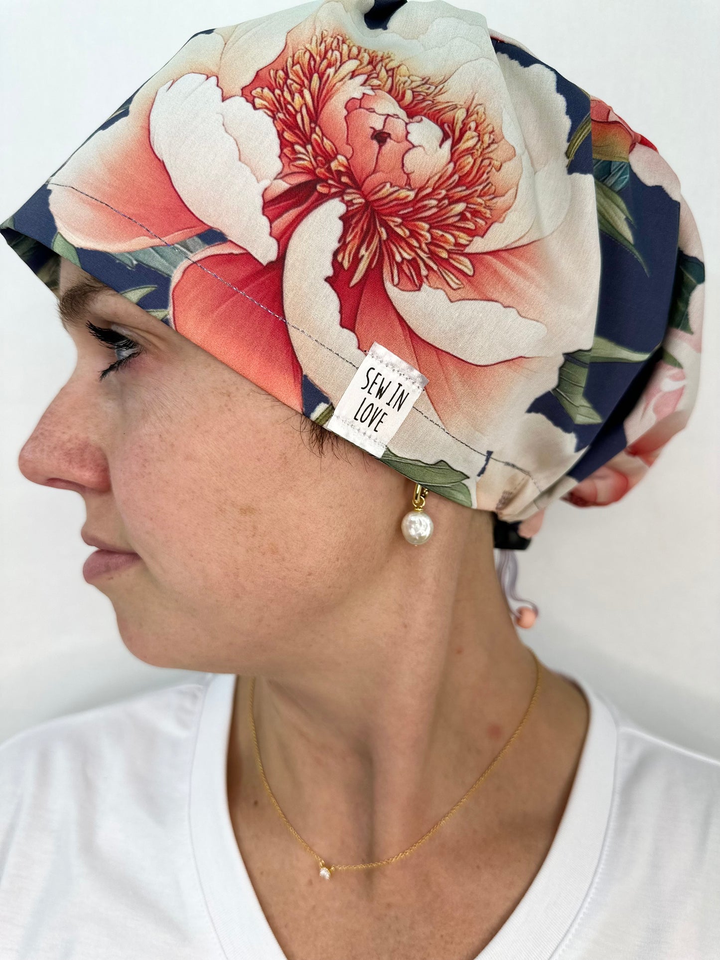 Toggle Back- Romantic Peonies: Euro-Style Scrub Cap
