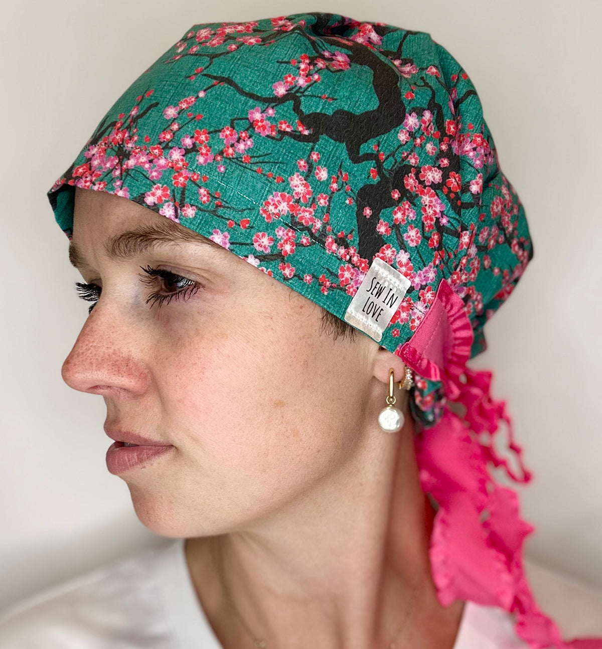 Ribbon Back-Cherry Blossoms: Euro-Style Scrub Cap