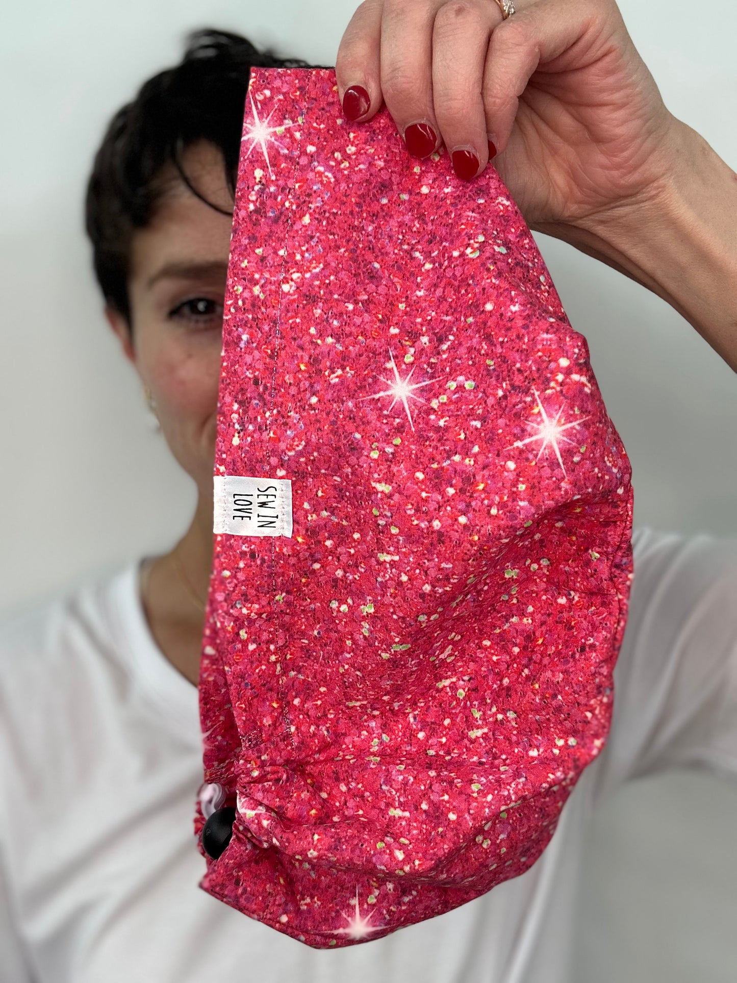 Toggle Back- Faux Sparkly Fuschia: Euro-Style Scrub Cap