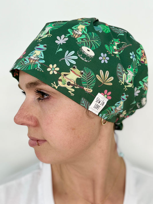 Toggle Back- Musical Frogs: Euro-Style Scrub Cap