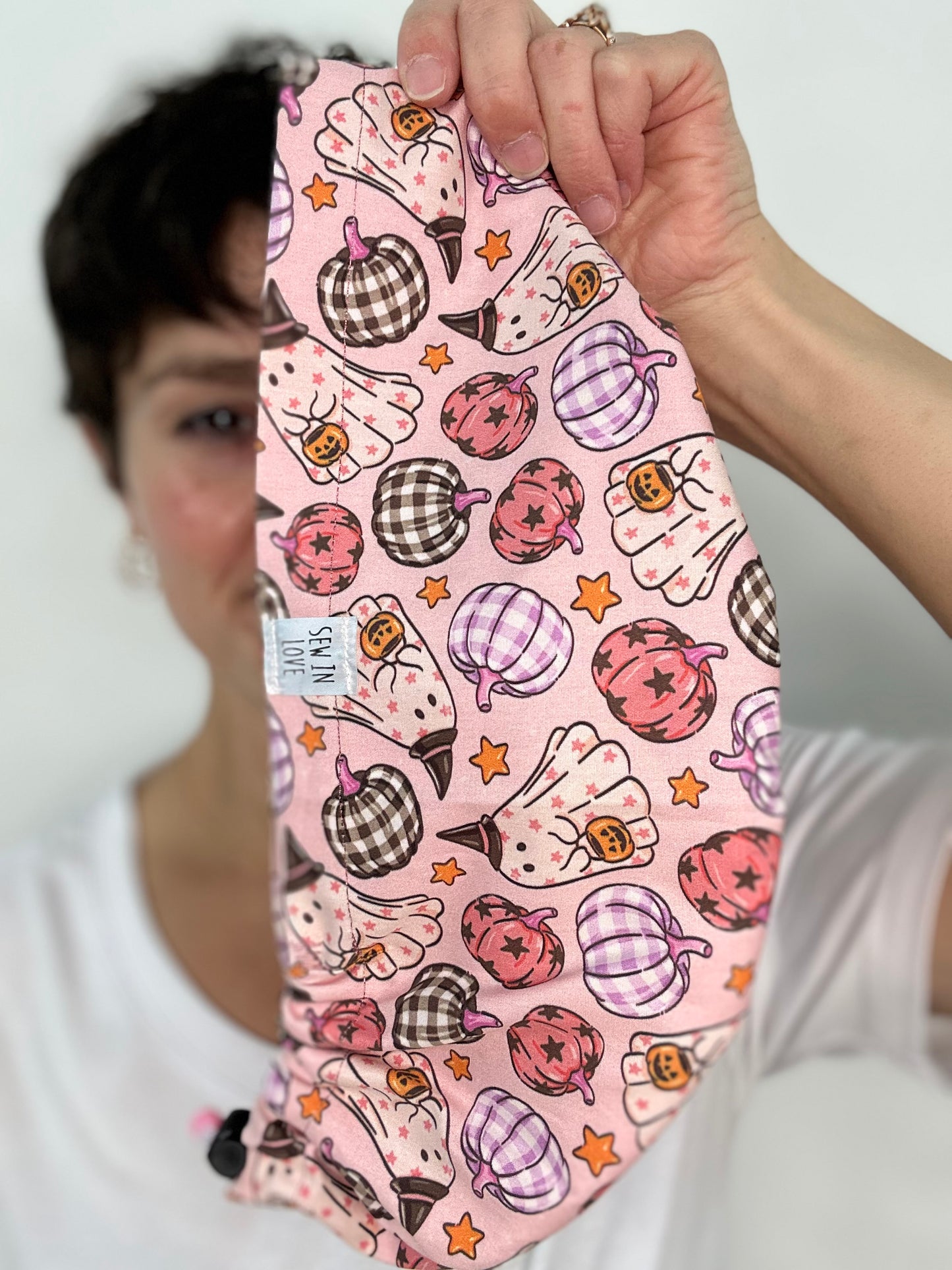 Toggle Back- Ghosts and Gingham Pumpkins: Euro-Style Scrub Cap