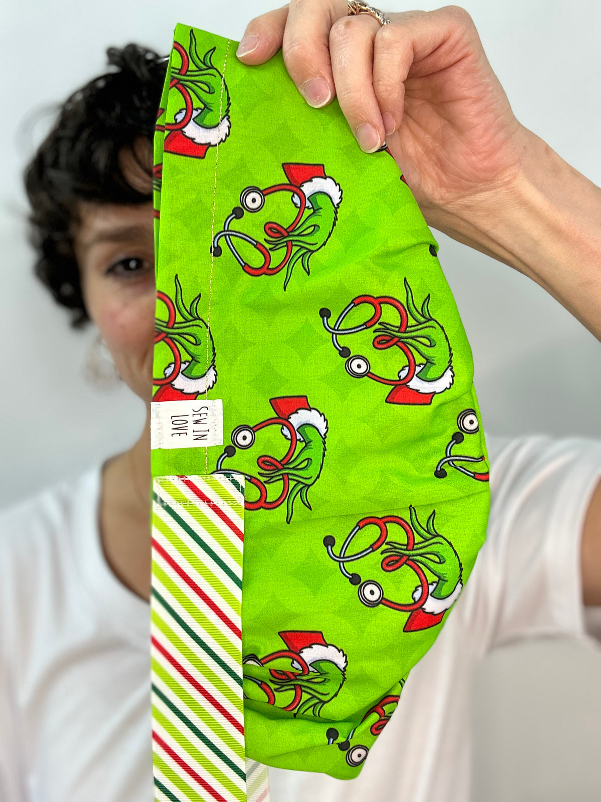 Ribbon Back- Grinch Stethoscopes: Euro-Style Scrub Cap