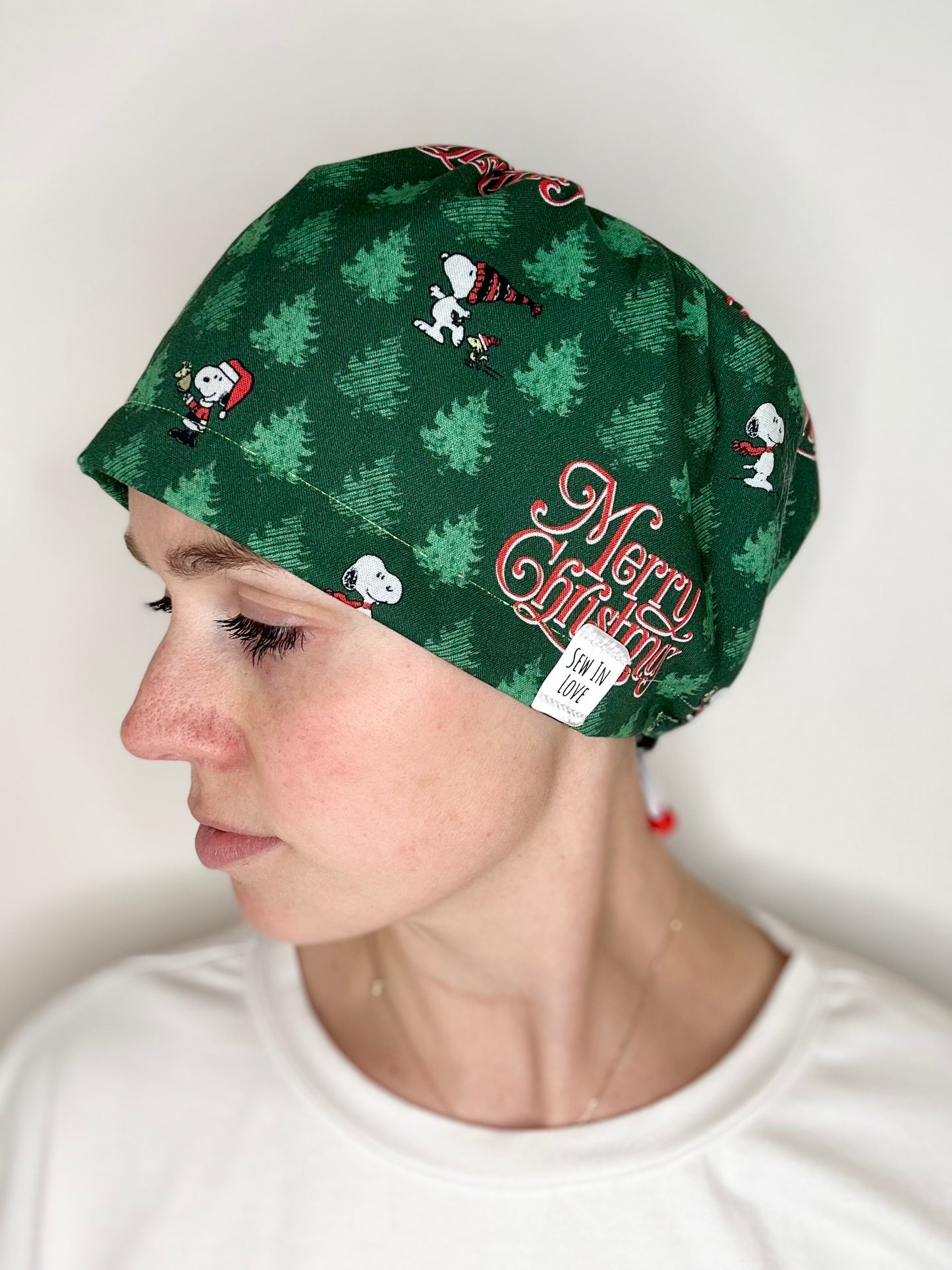 Toggle Back- Merry Christmas Snoopy: Euro-Style Scrub Cap