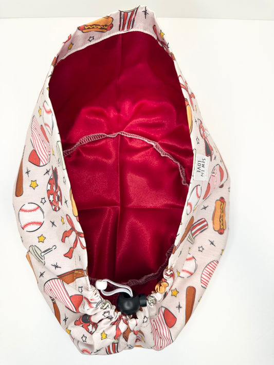 *Toggle Back* SATIN LINED- Play Ball: Euro-Style Scrub Cap