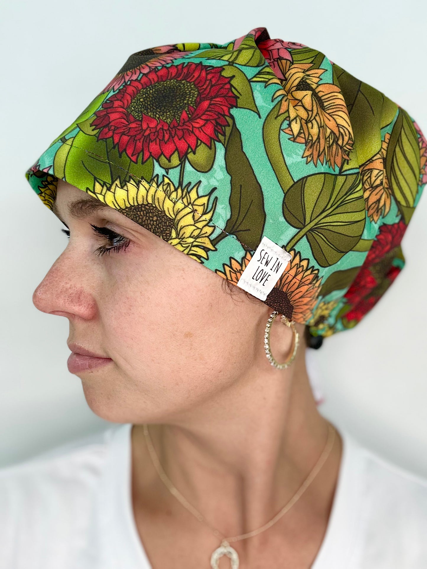 Toggle Back- Delightful Sunflowers: Euro-Style Scrub Cap