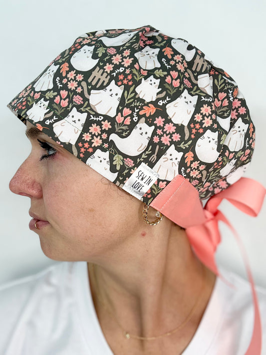 Ribbon Back- Ghost Kitties: Euro-Style Scrub Cap
